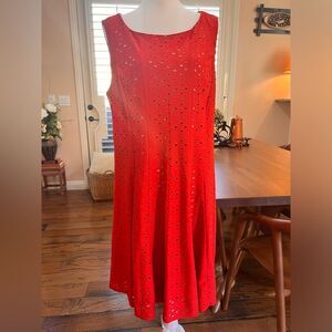 Sleeveless Eyelet Knit Midi Fit & Flare Stretchy Romantic Dress Bright Red SZ 16